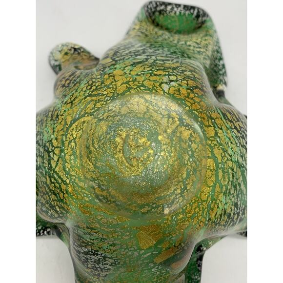 Vintage Hand Blown Art Glass Bowl Four Leaf Clover Emerald Green Gold Mica 6” - Picture 6 of 7